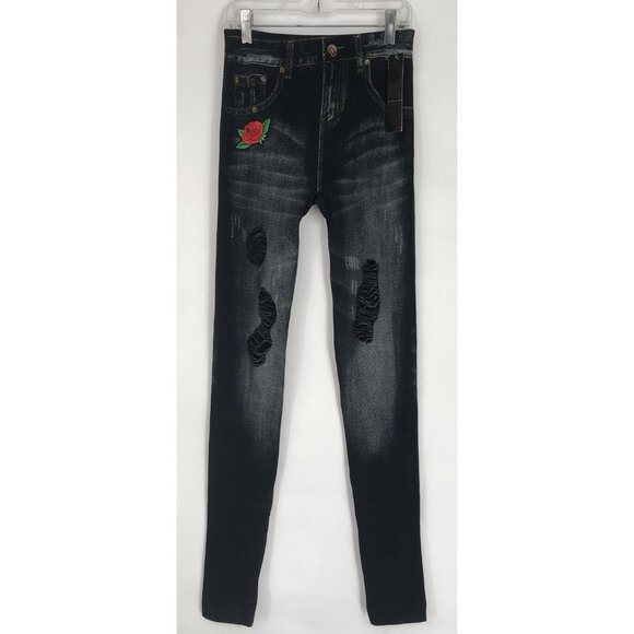 Just One Jeggings Womens Size Large Faux Jeans Rise Floral Stretch Distressed - Picture 1 of 10